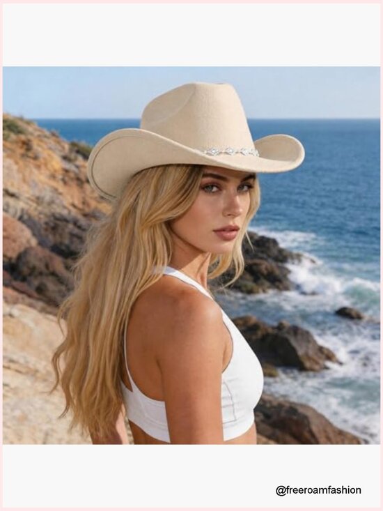 Rhinestone Cowboy Hat Wide Brim Felt Fedora Unisex Rolled Up Caps main image 5
